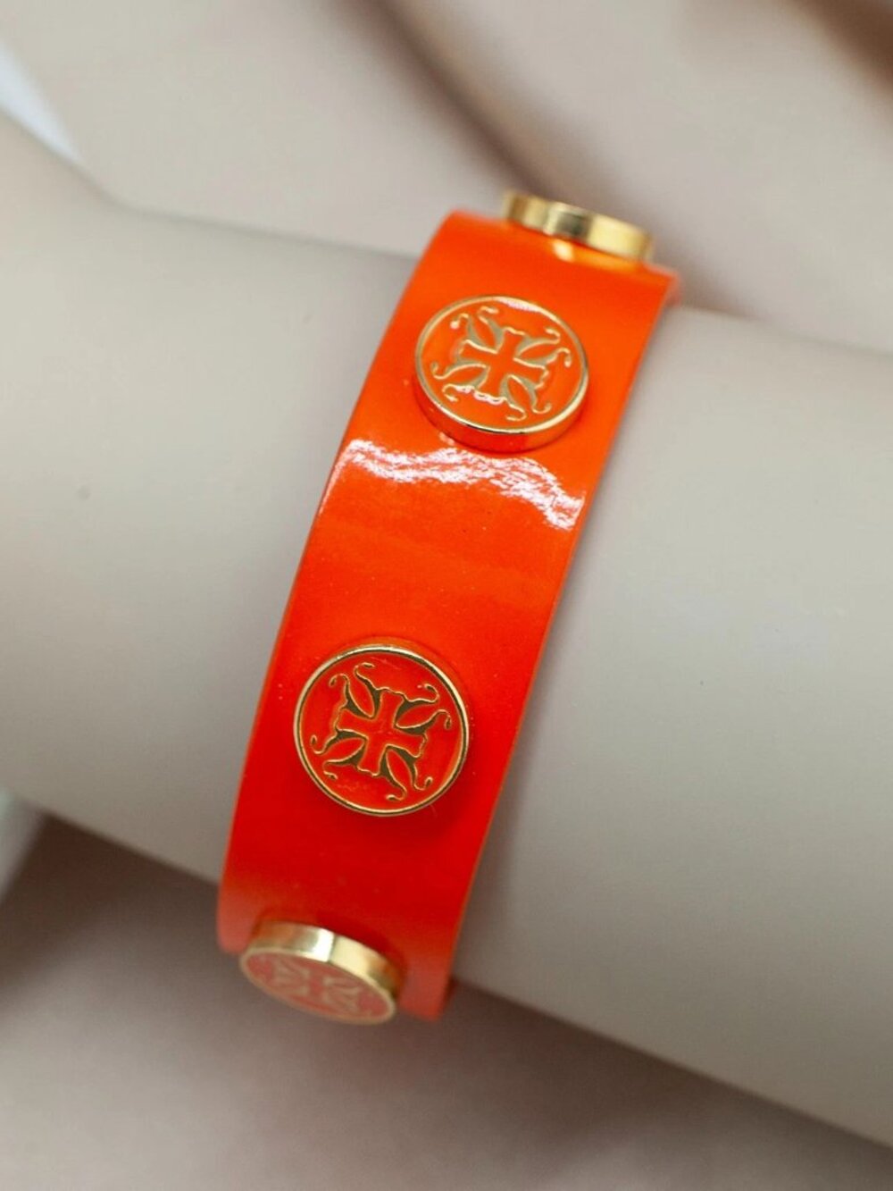 Rustic Cuff Orange Leather Snap Bracelet Gold Medallion Boho Festival Stackable - Picture 3 of 5